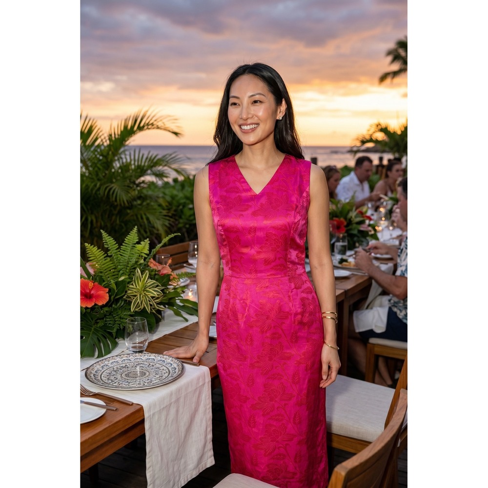 Maggy London Fuchsia Pink Floral Jacquard V-Neck Midi Dress with Waist Tie